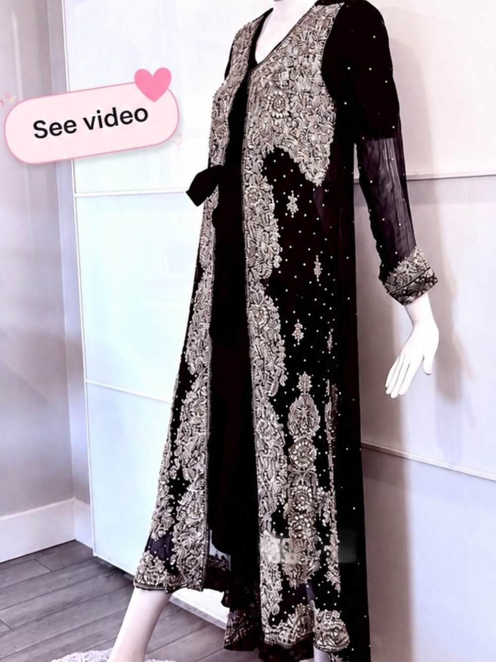 💎 Handmade Bridal Embellished Formal Long Jacket Eid Coat Crystal Details Sz S/M
